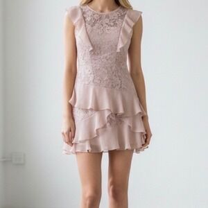 Parker Gabriel Mini Ruffle Lace Dress Romantic Wedding Guest Blush Pink size 0